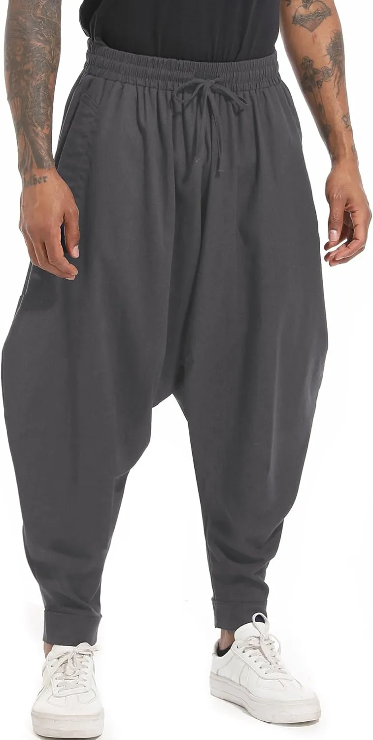 perdontoo Mens Harem Pants Loose Fit Elastic Waist Drawstring Aladdin Hippie Trousers