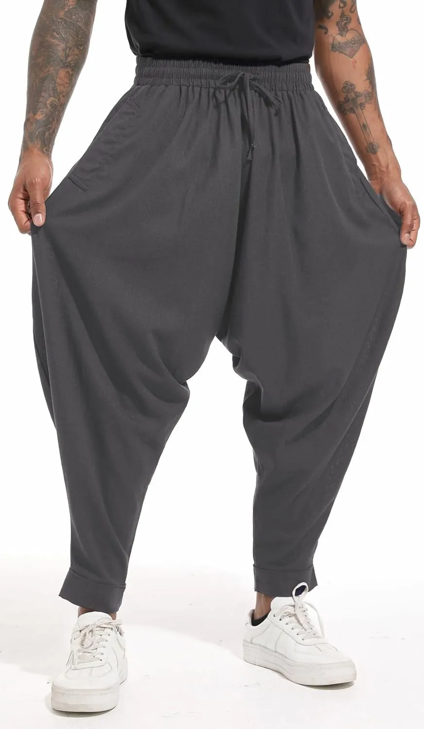 perdontoo Mens Harem Pants Loose Fit Elastic Waist Drawstring Aladdin Hippie Trousers