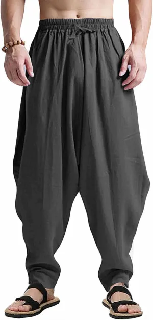 perdontoo Mens Harem Pants Loose Fit Elastic Waist Drawstring Aladdin Hippie Trousers
