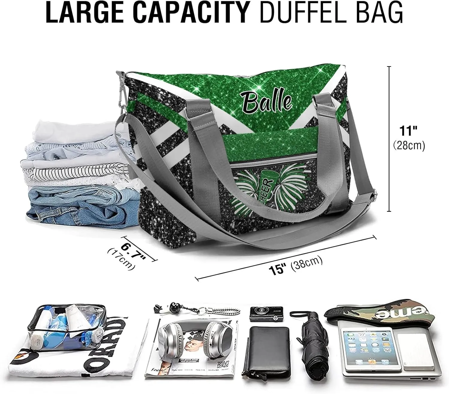 Personalized Cheer Bag Cheerleader Duffel Bag,Custom Sport Gym Bag,Customize Travel Duffle Bag with Name,Overnight Weekender Bags Green Glitter,Cheerleading Cheer Team Coaches Bag Gifts