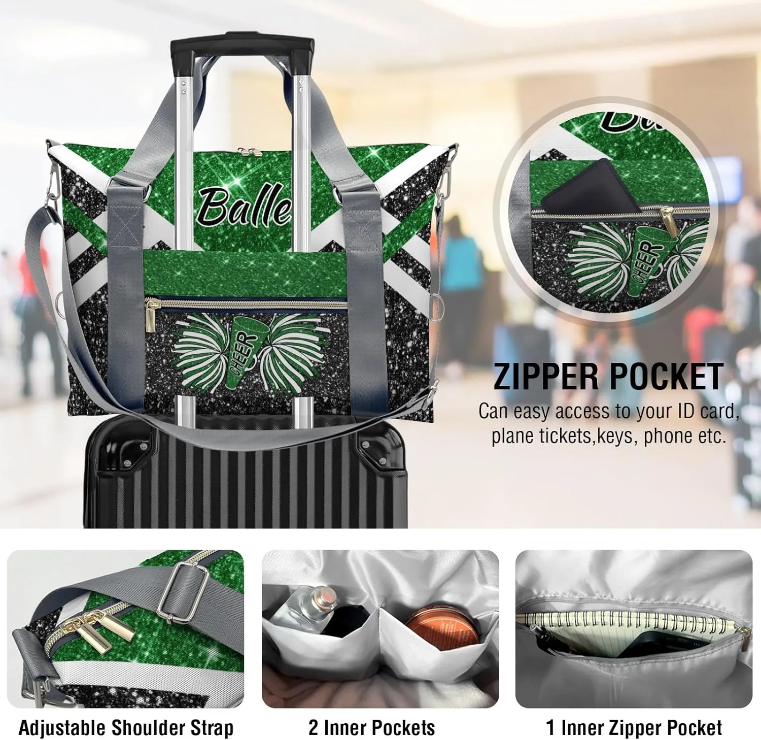 Personalized Cheer Bag Cheerleader Duffel Bag,Custom Sport Gym Bag,Customize Travel Duffle Bag with Name,Overnight Weekender Bags Green Glitter,Cheerleading Cheer Team Coaches Bag Gifts