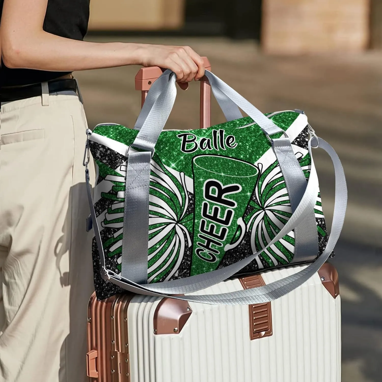 Personalized Cheer Bag Cheerleader Duffel Bag,Custom Sport Gym Bag,Customize Travel Duffle Bag with Name,Overnight Weekender Bags Green Glitter,Cheerleading Cheer Team Coaches Bag Gifts