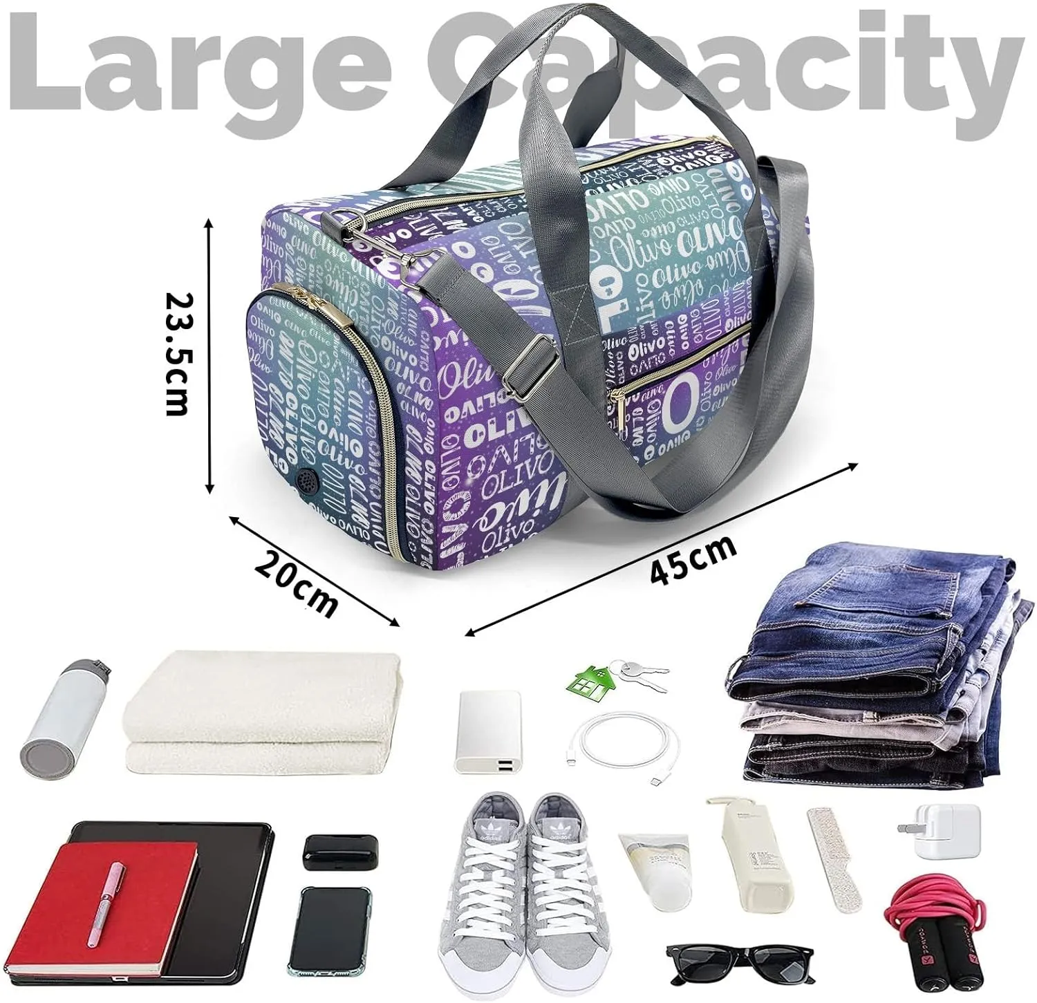 Personalized Duffel Bag with Name Custom Travel Bags for Woman Sports Gym Bag Wet Dry Pockets & Shoe Compartment Weekend Overnight Bag for Gift Purple Blue