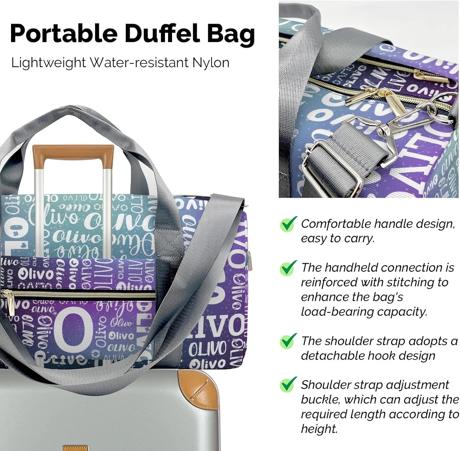 Personalized Duffel Bag with Name Custom Travel Bags for Woman Sports Gym Bag Wet Dry Pockets & Shoe Compartment Weekend Overnight Bag for Gift Purple Blue