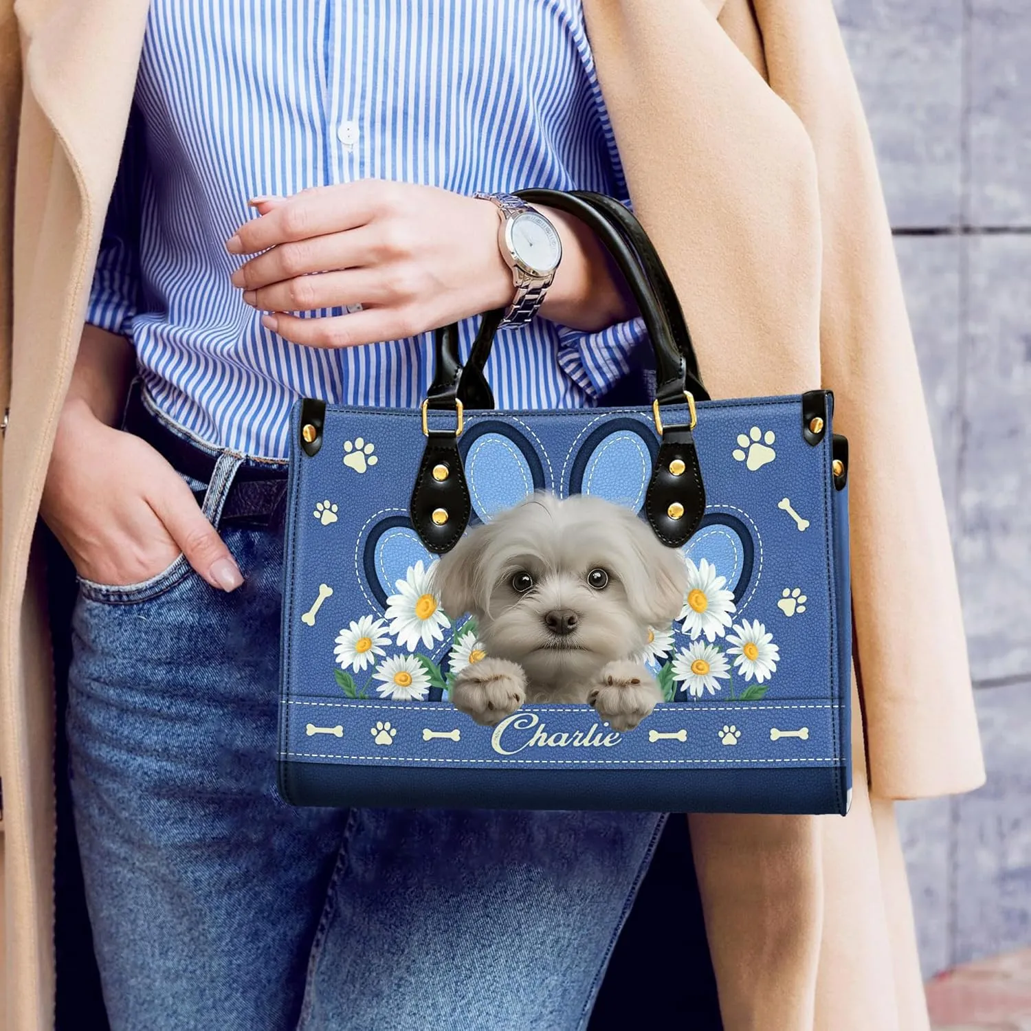 Personalized Maltese Dog Handbags, Custom Name Dog Leather Bags, Purses, Shoulder Bag, Gift For Dog Mom Dog Lover