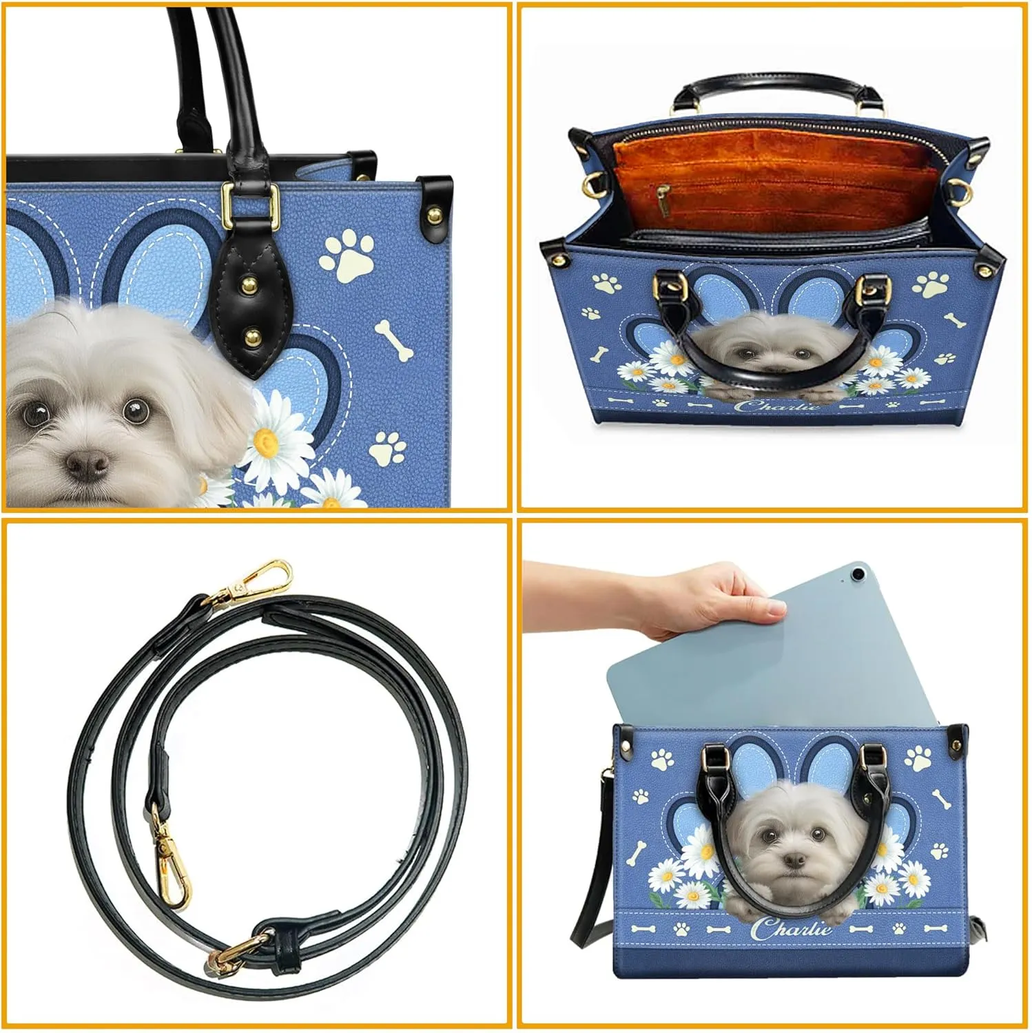 Personalized Maltese Dog Handbags, Custom Name Dog Leather Bags, Purses, Shoulder Bag, Gift For Dog Mom Dog Lover