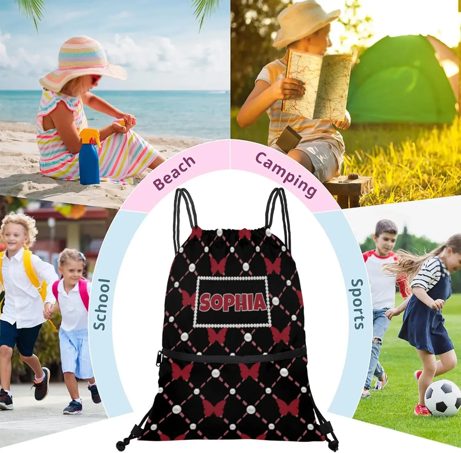 Personalized Your Name Black Drawstring Bag, Red Butterflies with Pearl Dance Cheerleading Gym Bag, Sports Training Bag Backpack