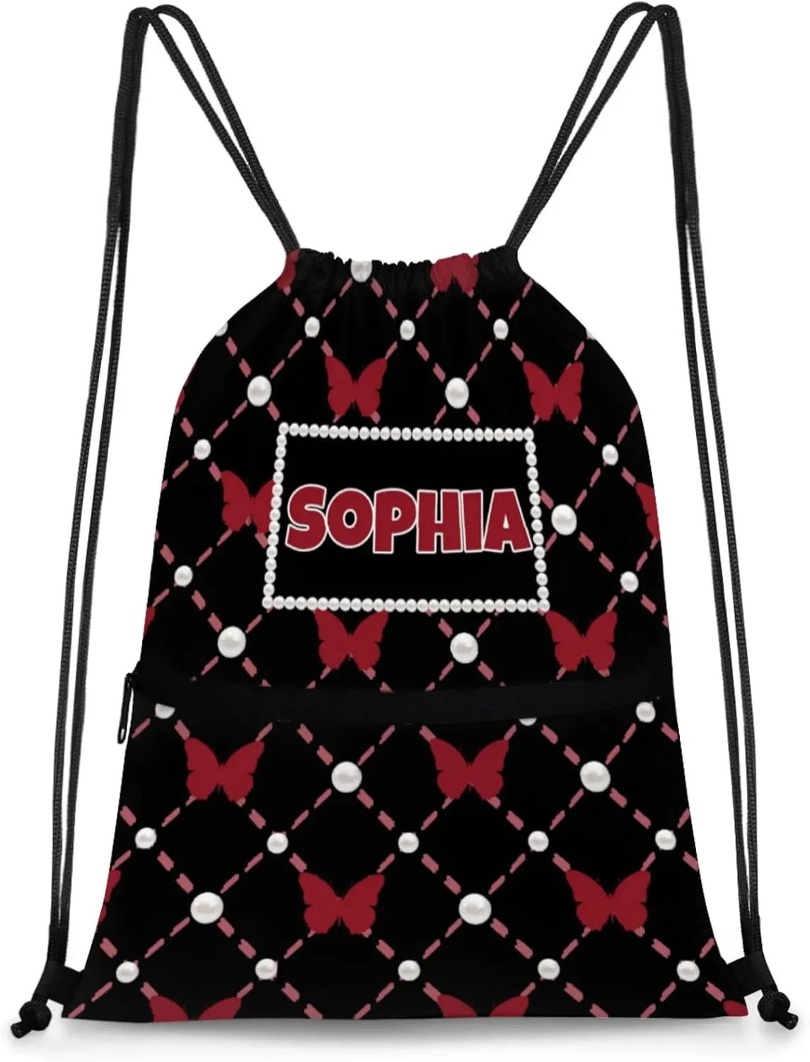 Personalized Your Name Black Drawstring Bag, Red Butterflies with Pearl Dance Cheerleading Gym Bag, Sports Training Bag Backpack