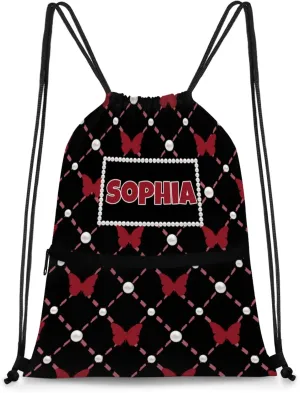 Personalized Your Name Black Drawstring Bag, Red Butterflies with Pearl Dance Cheerleading Gym Bag, Sports Training Bag Backpack