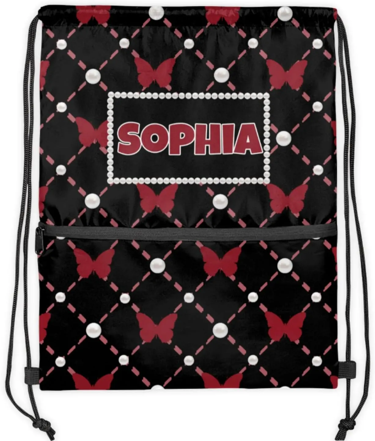 Personalized Your Name Black Drawstring Bag, Red Butterflies with Pearl Dance Cheerleading Gym Bag, Sports Training Bag Backpack
