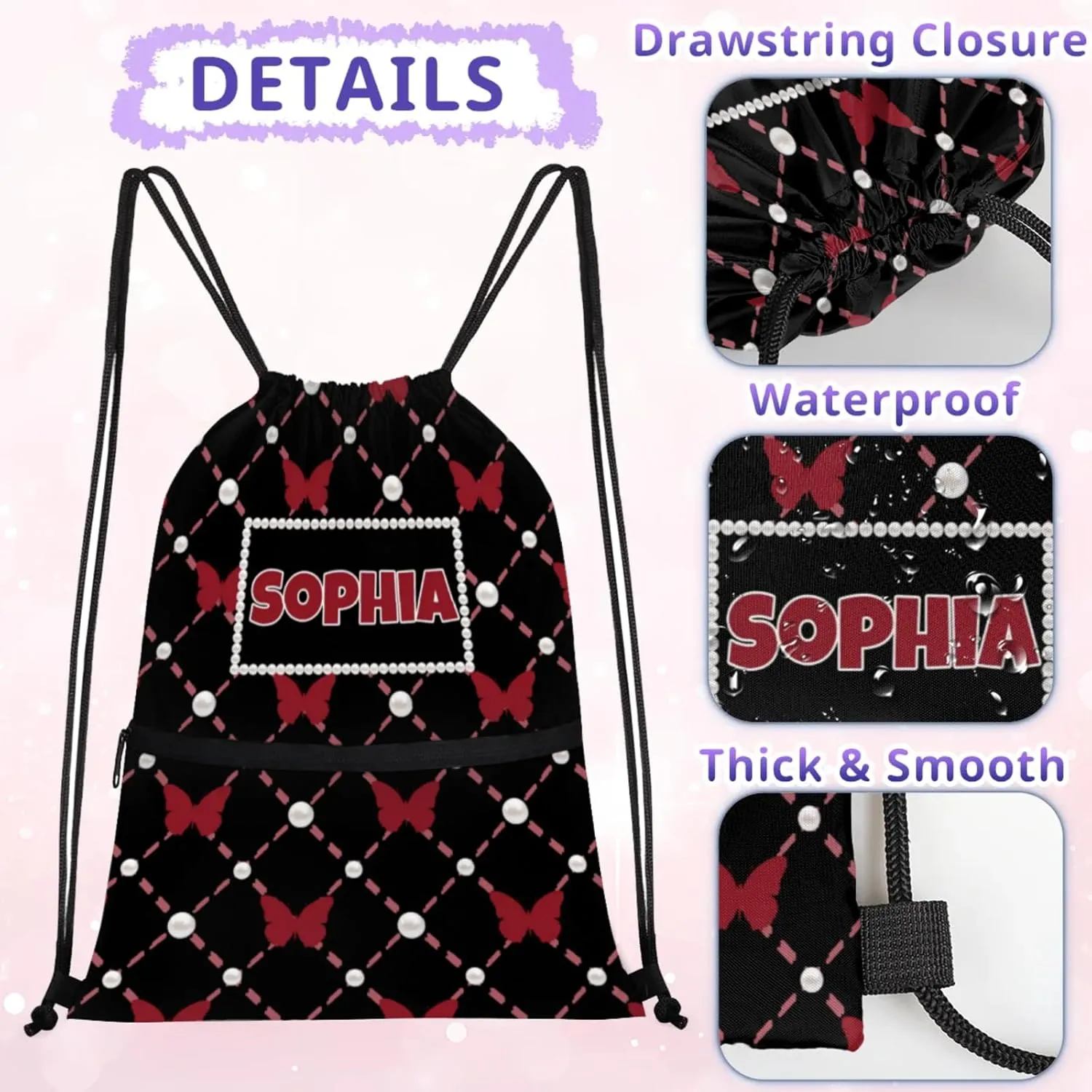 Personalized Your Name Black Drawstring Bag, Red Butterflies with Pearl Dance Cheerleading Gym Bag, Sports Training Bag Backpack