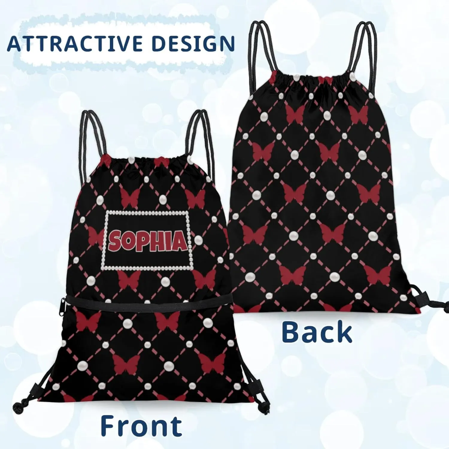 Personalized Your Name Black Drawstring Bag, Red Butterflies with Pearl Dance Cheerleading Gym Bag, Sports Training Bag Backpack
