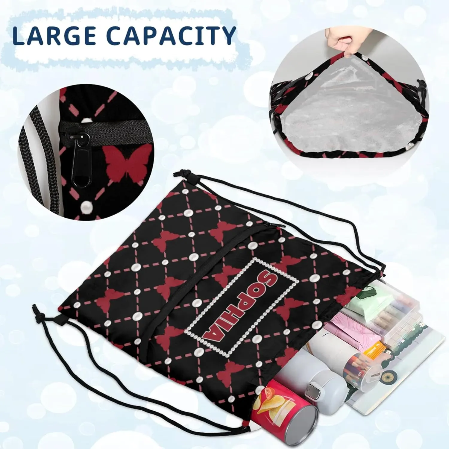 Personalized Your Name Black Drawstring Bag, Red Butterflies with Pearl Dance Cheerleading Gym Bag, Sports Training Bag Backpack