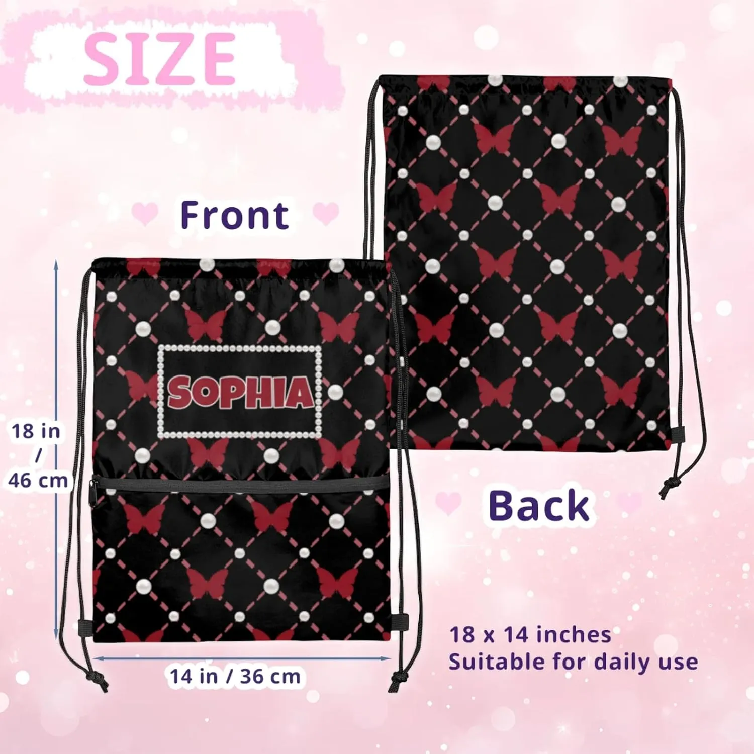 Personalized Your Name Black Drawstring Bag, Red Butterflies with Pearl Dance Cheerleading Gym Bag, Sports Training Bag Backpack