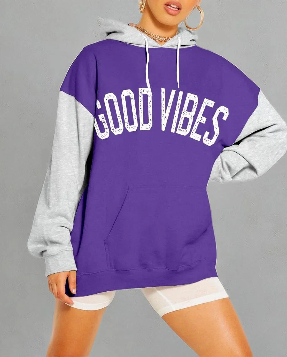 PESION Womens Pullover Hoodies Oversized Graphic Color Block Novelty Hoodie Sweatshirts with Pockets