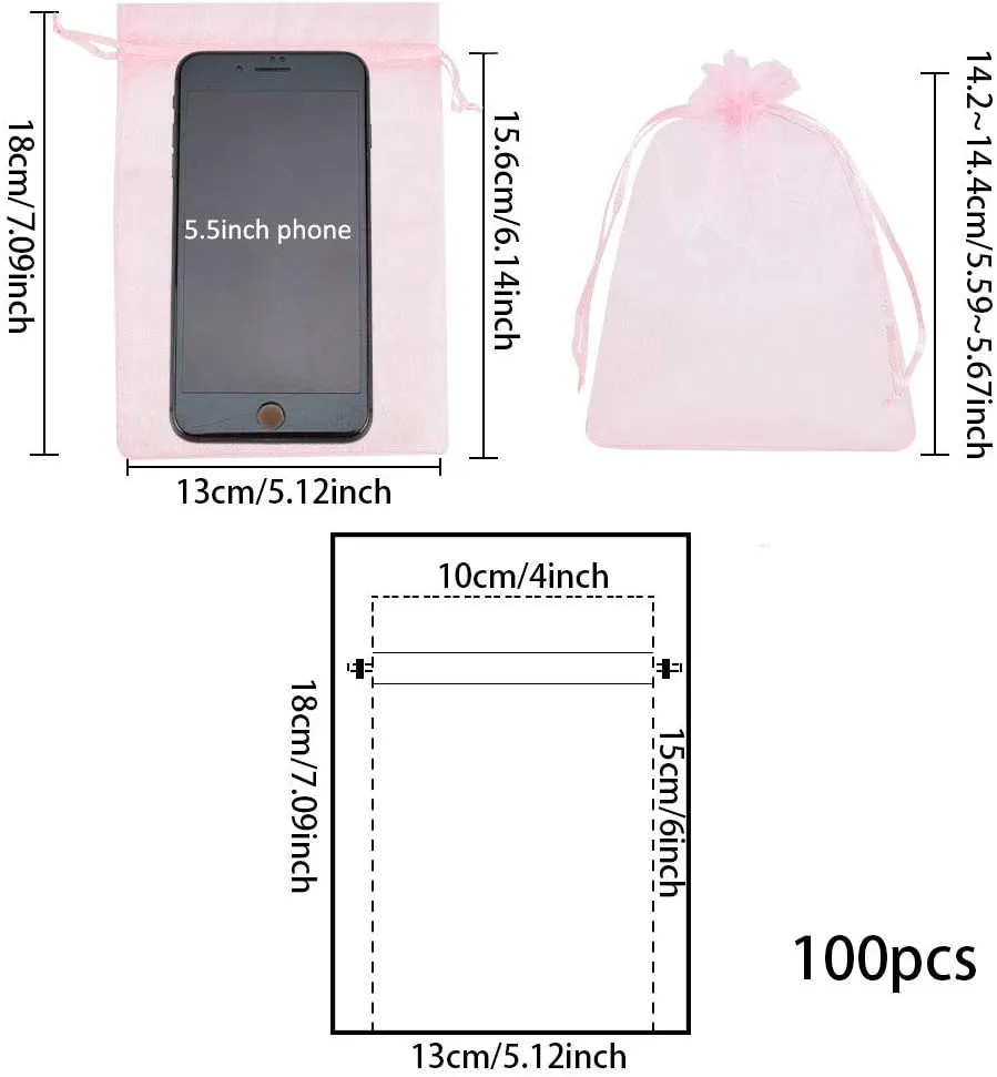 PH PandaHall 100pcs 5x7inch Pink Organza Drawstring Bags Gift Bags Mesh Sheer Bags Party Favors Bag for Birthday Party Valentine's Day Christmas Festival Gift Bags Breast Cancer Awareness