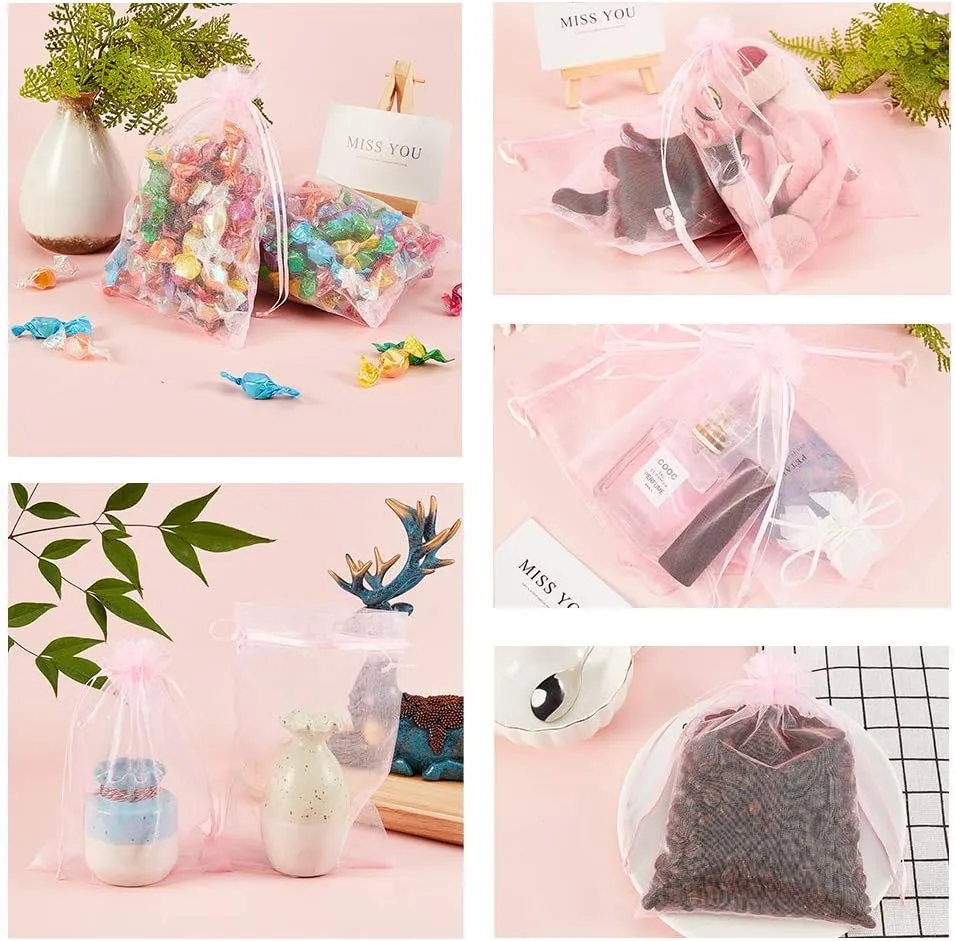 PH PandaHall 100pcs 5x7inch Pink Organza Drawstring Bags Gift Bags Mesh Sheer Bags Party Favors Bag for Birthday Party Valentine's Day Christmas Festival Gift Bags Breast Cancer Awareness