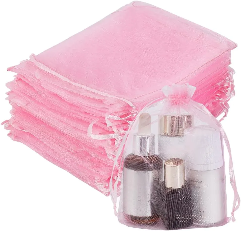 PH PandaHall 100pcs 5x7inch Pink Organza Drawstring Bags Gift Bags Mesh Sheer Bags Party Favors Bag for Birthday Party Valentine's Day Christmas Festival Gift Bags Breast Cancer Awareness
