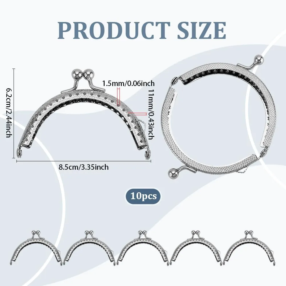 PH PandaHall 10pcs Purse Clasp Frame, Wallet Bag Kiss Clasp Lock Retro Arch Purse Coin Bag Frame Metal Purse Clip Hardware for DIY Craft Purse Bag Handle Sewing Craft, Platinum, 3.35inch Long