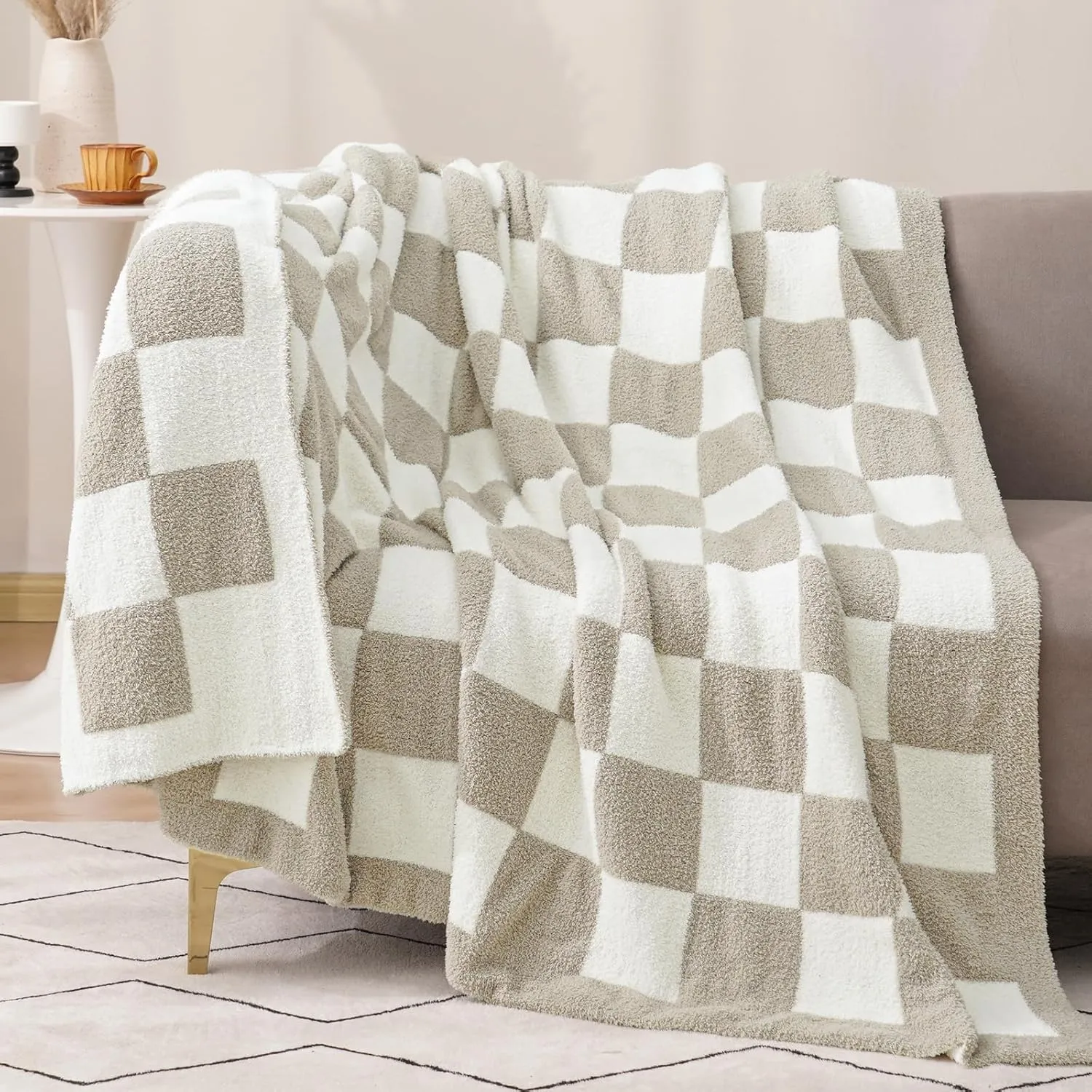 PHF Checkered Twin Blanket for Couch, Soft Knit Fluffy Checkerboard Fleece Blanket, Cozy Lightweight for Bed Sofa, Oat Color/Beige, 60" x 80"