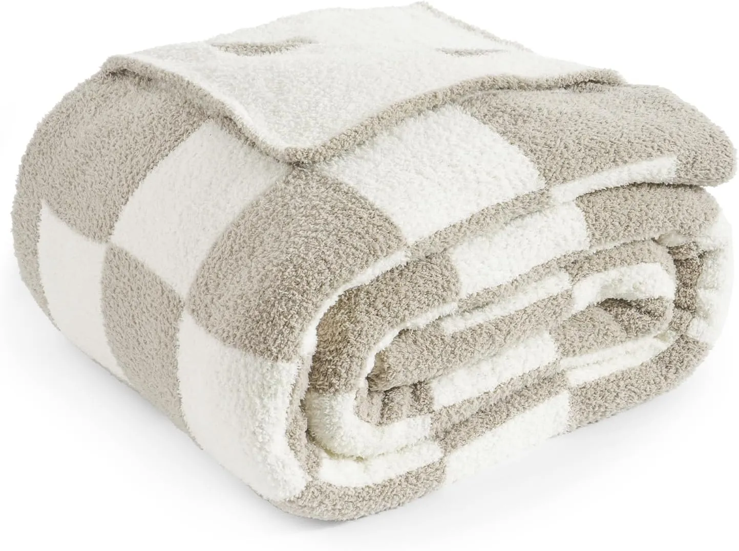 PHF Checkered Twin Blanket for Couch, Soft Knit Fluffy Checkerboard Fleece Blanket, Cozy Lightweight for Bed Sofa, Oat Color/Beige, 60" x 80"