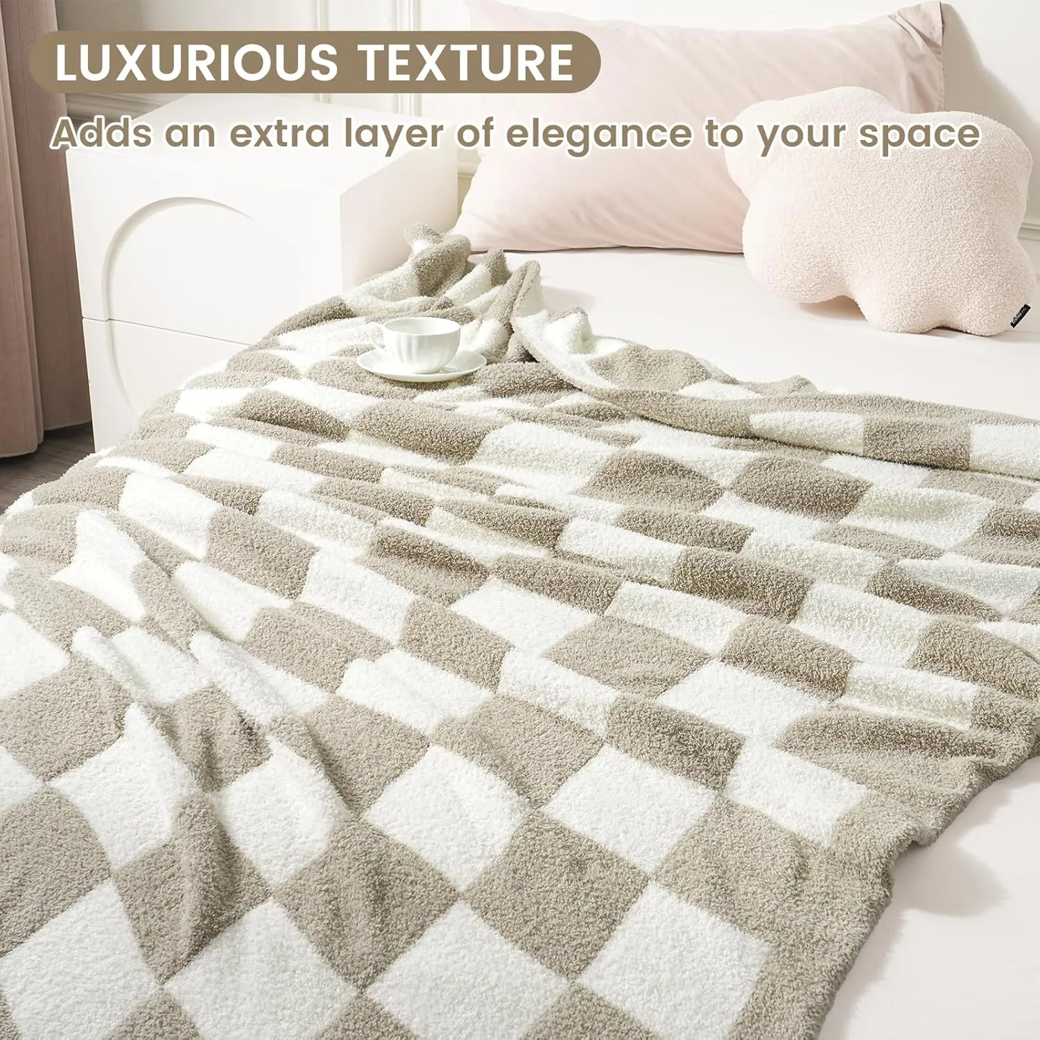 PHF Checkered Twin Blanket for Couch, Soft Knit Fluffy Checkerboard Fleece Blanket, Cozy Lightweight for Bed Sofa, Oat Color/Beige, 60" x 80"