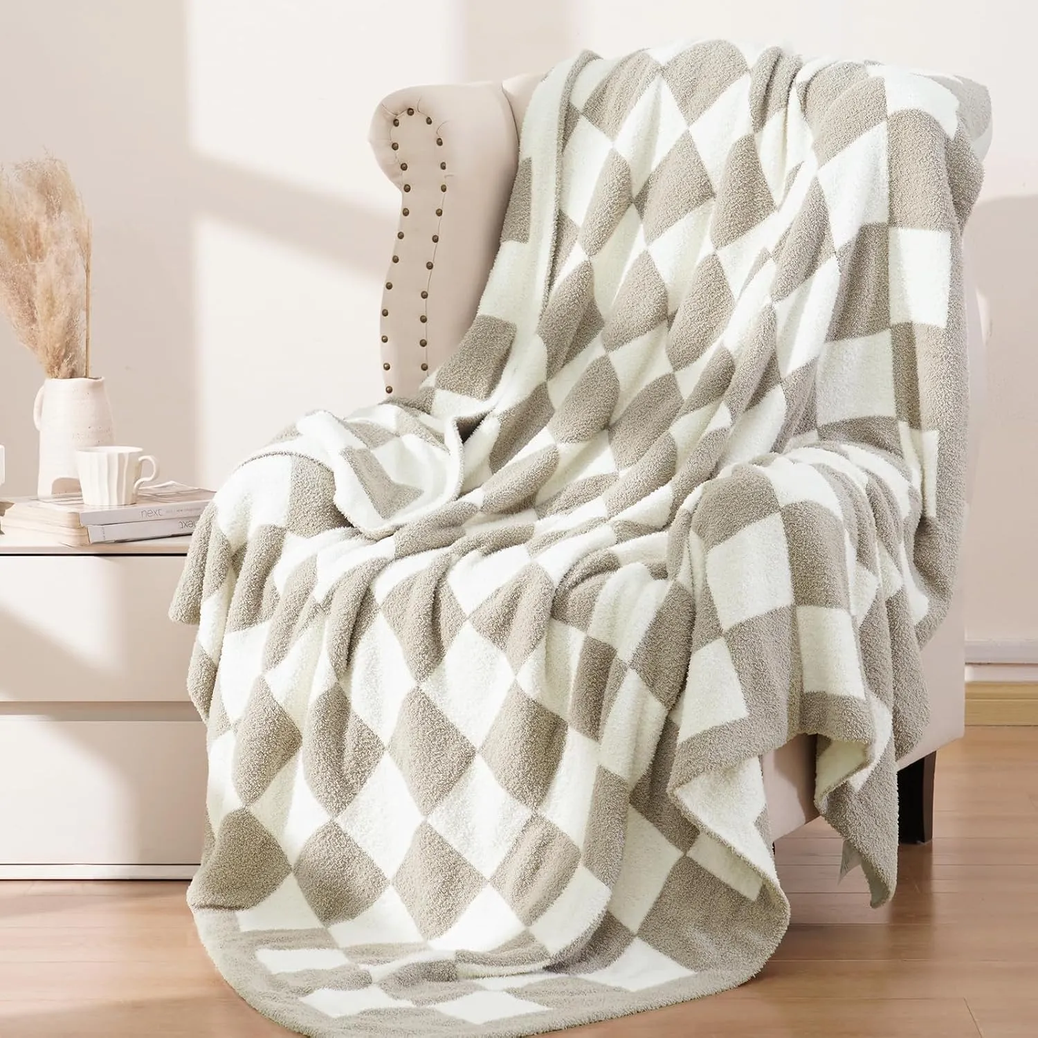 PHF Checkered Twin Blanket for Couch, Soft Knit Fluffy Checkerboard Fleece Blanket, Cozy Lightweight for Bed Sofa, Oat Color/Beige, 60" x 80"
