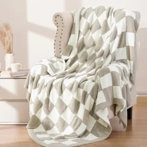 PHF Checkered Twin Blanket for Couch, Soft Knit Fluffy Checkerboard Fleece Blanket, Cozy Lightweight for Bed Sofa, Oat Color/Beige, 60" x 80"