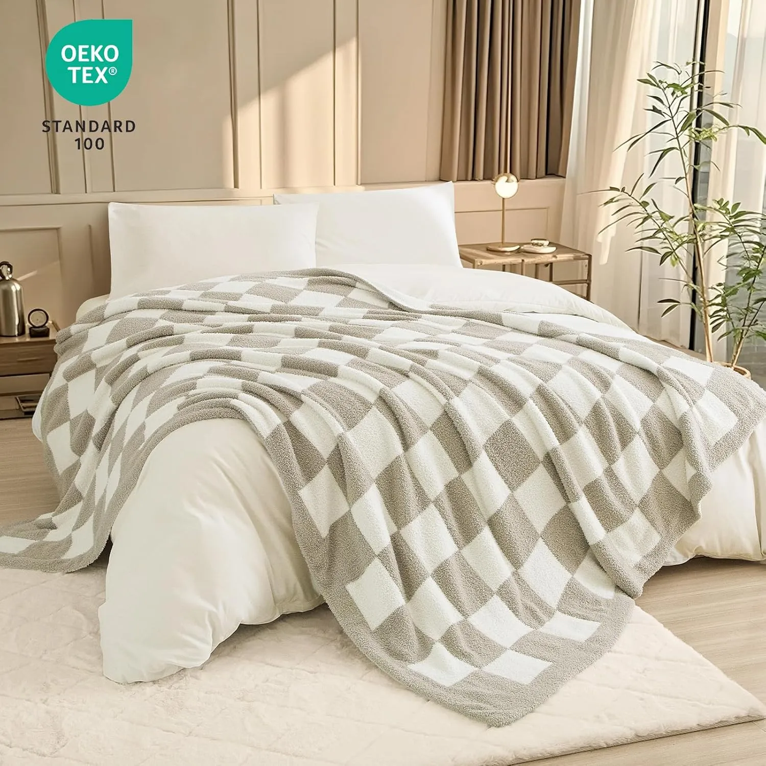 PHF Checkered Twin Blanket for Couch, Soft Knit Fluffy Checkerboard Fleece Blanket, Cozy Lightweight for Bed Sofa, Oat Color/Beige, 60" x 80"