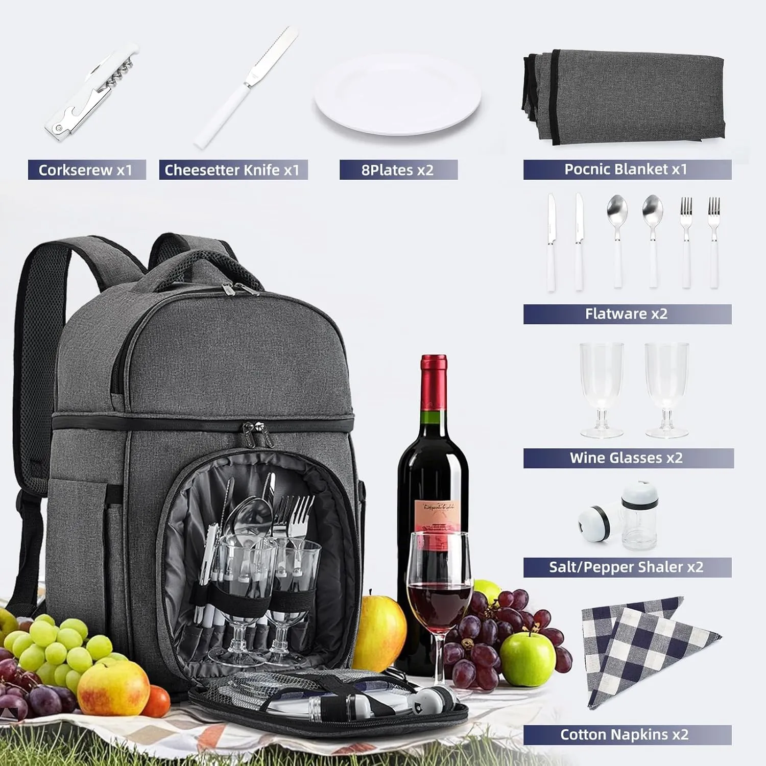 Picnic Backpack & Accessories - Picnic Set for 2 Person with 2 Insulated Cooler Compartment, Lightweight Blanket and Cutlery Set, Perfect for Wedding Gifts for Couples and Bridal Shower Gifts