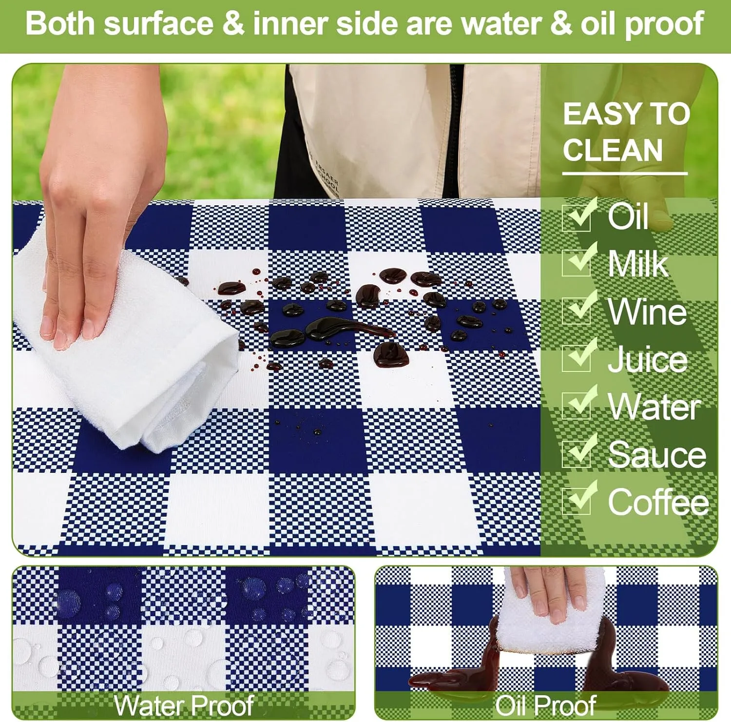 Picnic Table Cover with Bench Covers 6FT 3 Pcs Waterproof Windproof Aesthetic Camping Tablecloth with Drawstring Bag, Fitted for 6 Foot Rectangle Tables and Seats, 72 inch, White Blue Checkered