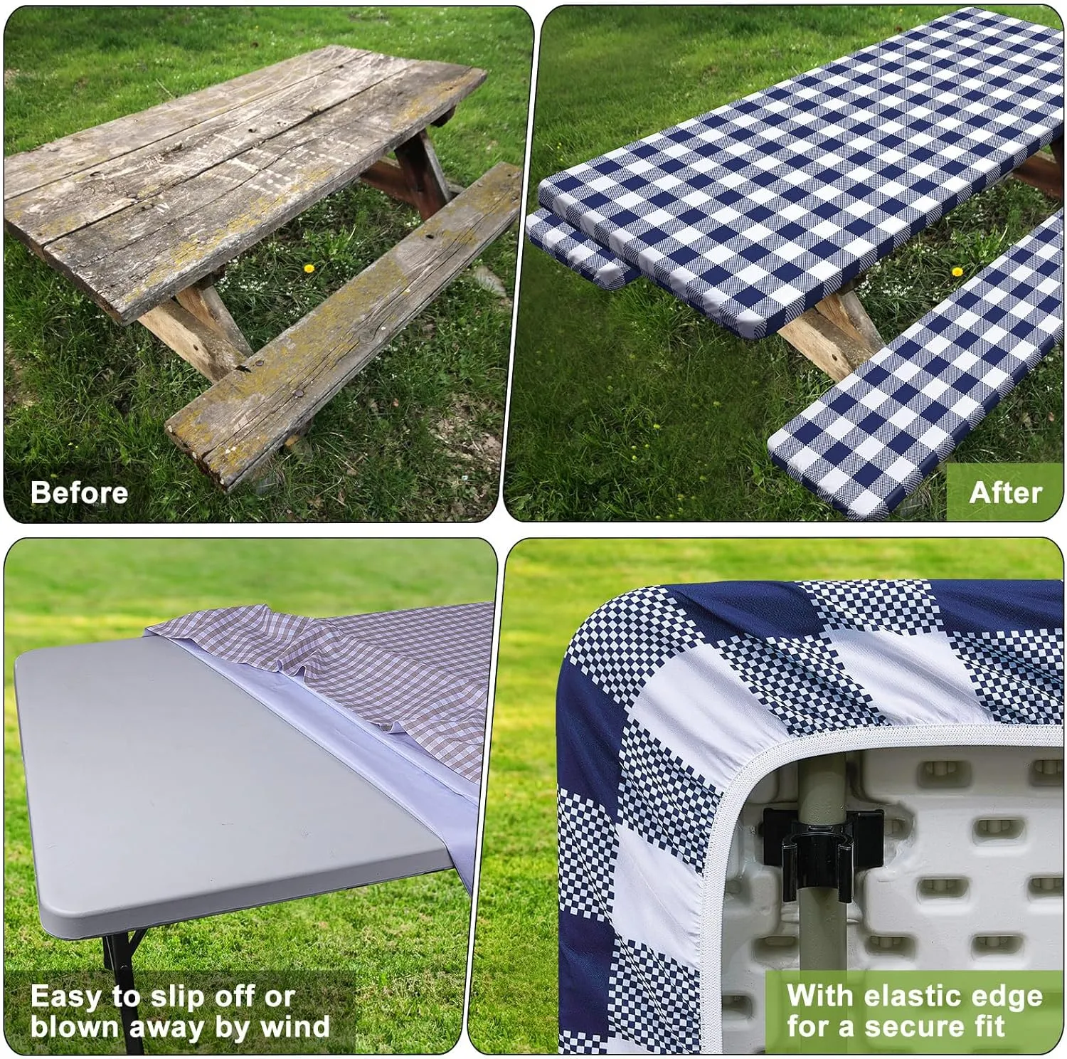 Picnic Table Cover with Bench Covers 6FT 3 Pcs Waterproof Windproof Aesthetic Camping Tablecloth with Drawstring Bag, Fitted for 6 Foot Rectangle Tables and Seats, 72 inch, White Blue Checkered
