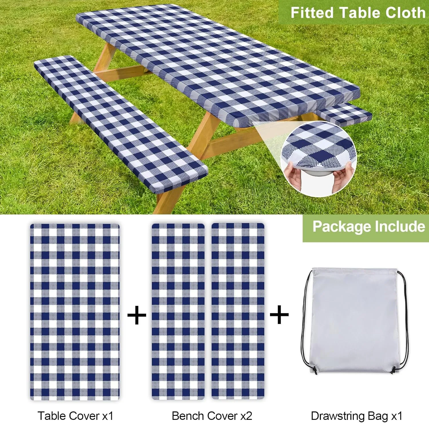 Picnic Table Cover with Bench Covers 6FT 3 Pcs Waterproof Windproof Aesthetic Camping Tablecloth with Drawstring Bag, Fitted for 6 Foot Rectangle Tables and Seats, 72 inch, White Blue Checkered