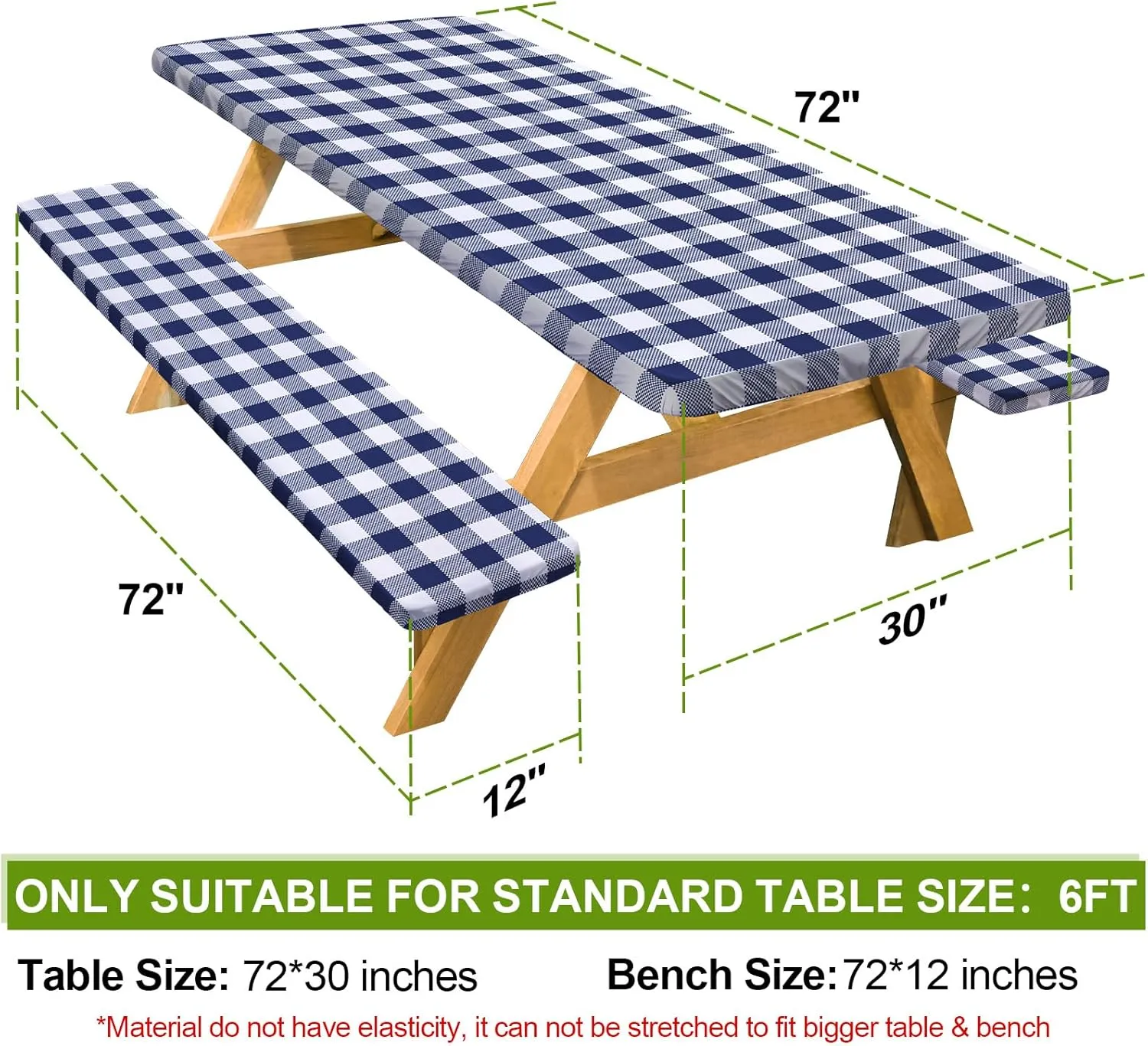 Picnic Table Cover with Bench Covers 6FT 3 Pcs Waterproof Windproof Aesthetic Camping Tablecloth with Drawstring Bag, Fitted for 6 Foot Rectangle Tables and Seats, 72 inch, White Blue Checkered
