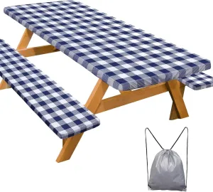 Picnic Table Cover with Bench Covers 6FT 3 Pcs Waterproof Windproof Aesthetic Camping Tablecloth with Drawstring Bag, Fitted for 6 Foot Rectangle Tables and Seats, 72 inch, White Blue Checkered