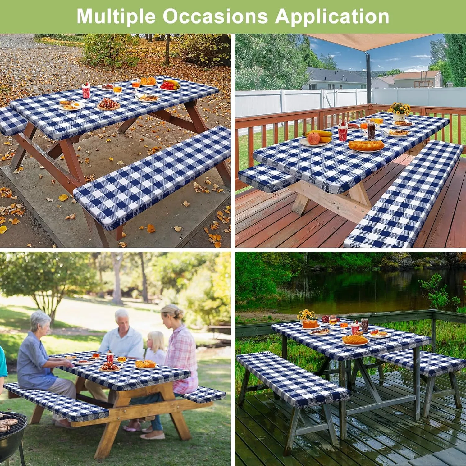 Picnic Table Cover with Bench Covers 6FT 3 Pcs Waterproof Windproof Aesthetic Camping Tablecloth with Drawstring Bag, Fitted for 6 Foot Rectangle Tables and Seats, 72 inch, White Blue Checkered