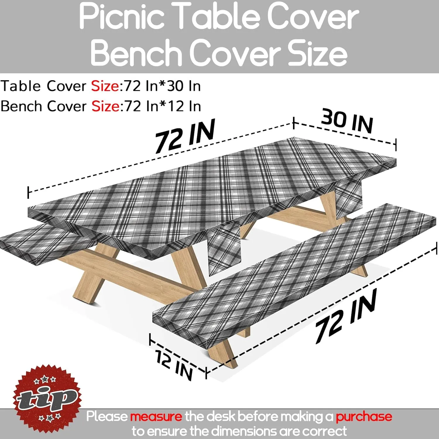 Picnic Table Cover with Bench Covers 72×30 Inch Waterproof Fitted Rectangle Camping Tablecloth Cloth with Elastic Summer Rv Accessories Outdoor Car Travel Essential Party Gifts Checkered
