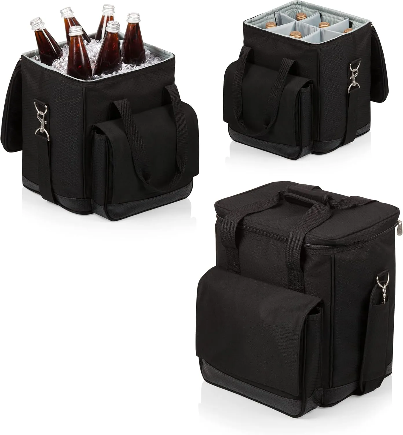 PICNIC TIME Cellar 6-Bottle Wine Carrier & Cooler Tote, Insulated Padded Cooler Bag for Travel, Portable Water-Resistant Bag, Black with Gray Accents