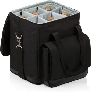 PICNIC TIME Cellar 6-Bottle Wine Carrier & Cooler Tote, Insulated Padded Cooler Bag for Travel, Portable Water-Resistant Bag, Black with Gray Accents
