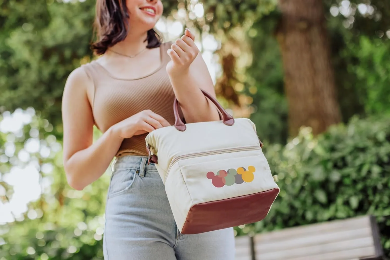 PICNIC TIME Disney Mickey Mouse Urban Lunch Bag, Cooler Lunch Tote, Insulated Lunch Bag, (Beige with Brown Accents)