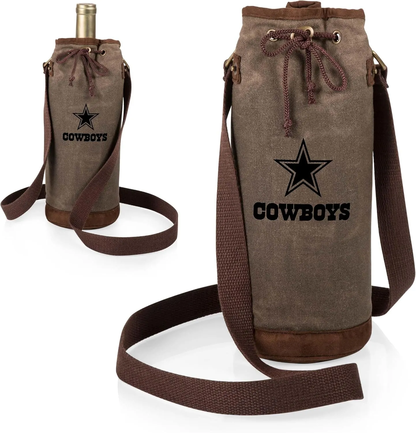 PICNIC TIME NFL Distressed Waxed Canvas Wine Tote, Single Bottle Insulated Bag, Bottle Carrier, Wine Gift Bag, Khaki Green
