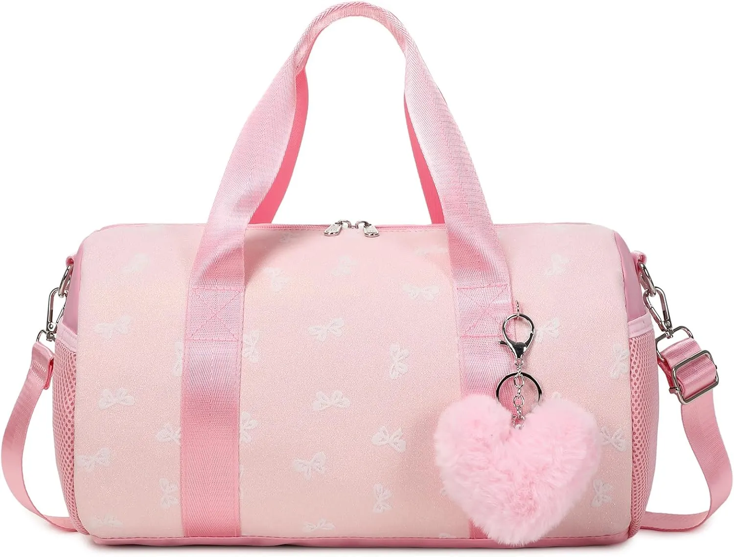 Pink Bow Ballet Bag for Girls with Plush Pendant, Shiny Gilrs Dance Bag Glitter Sports Duffle Bag with Shoulder Strap and Waterproof Wet Pocket for Girls