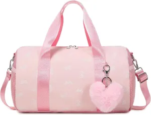 Pink Bow Ballet Bag for Girls with Plush Pendant, Shiny Gilrs Dance Bag Glitter Sports Duffle Bag with Shoulder Strap and Waterproof Wet Pocket for Girls