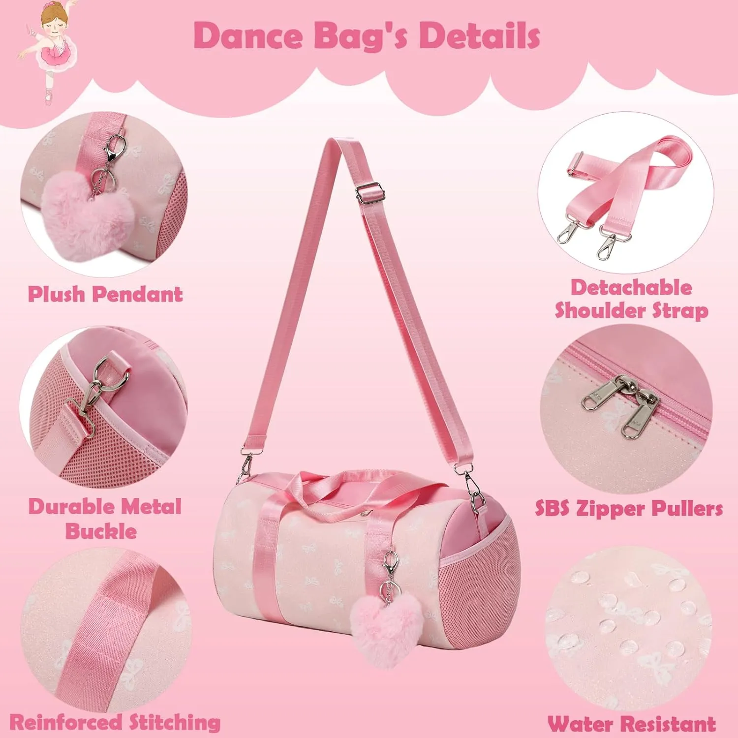 Pink Bow Ballet Bag for Girls with Plush Pendant, Shiny Gilrs Dance Bag Glitter Sports Duffle Bag with Shoulder Strap and Waterproof Wet Pocket for Girls
