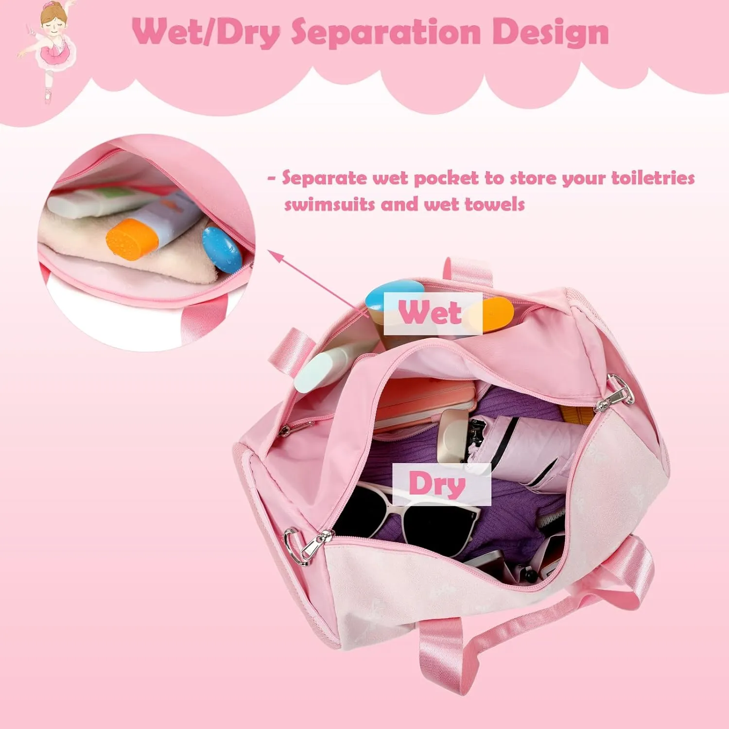 Pink Bow Ballet Bag for Girls with Plush Pendant, Shiny Gilrs Dance Bag Glitter Sports Duffle Bag with Shoulder Strap and Waterproof Wet Pocket for Girls