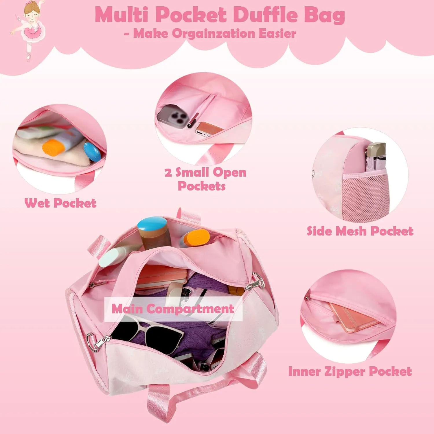 Pink Bow Ballet Bag for Girls with Plush Pendant, Shiny Gilrs Dance Bag Glitter Sports Duffle Bag with Shoulder Strap and Waterproof Wet Pocket for Girls