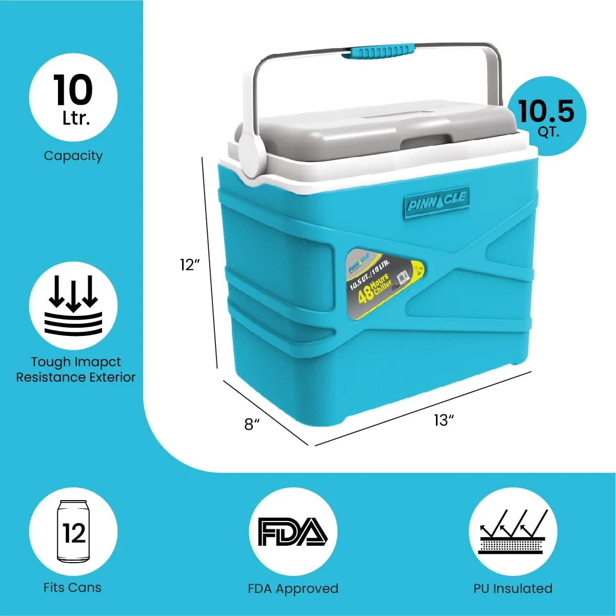 Pinnacle 10 Liter Insulated Cooler Lunch Box -Portable Camping/Picnic Hard Cooler –Coolbox Keeps Cool for 48 hrs. with Ice Retention–Heavy Duty Cooler for Beach, Grill, Travel,Tailgating,Small