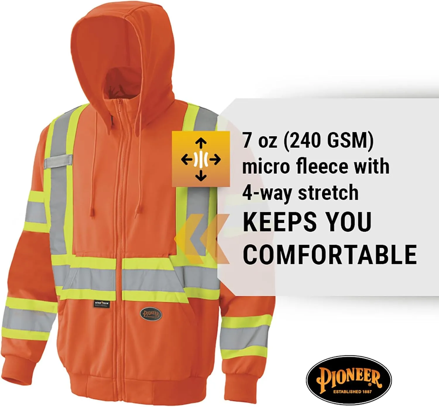 Pioneer High Visibility, Ultra Reflective, Zip-Style Micro Fleece Hoodie