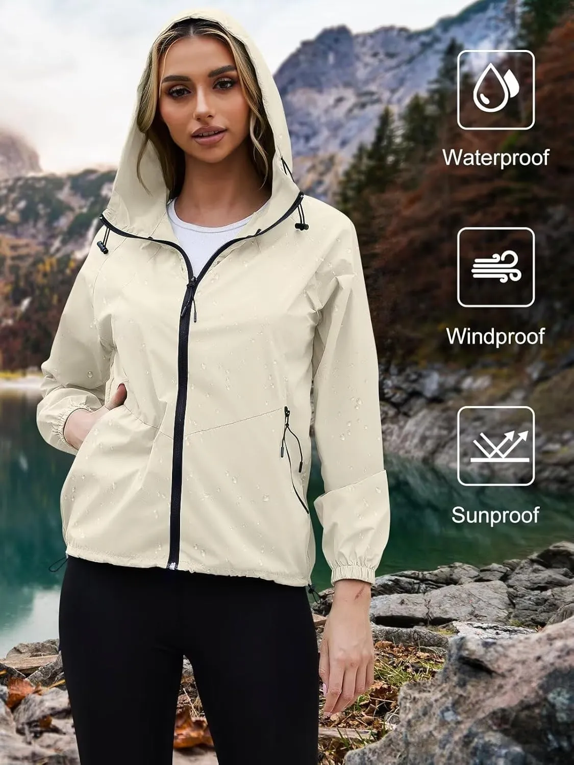 PITINAN Rain Jacket Women Waterproof Lightweight Jacket With Hood Packable Raincoat with Pockets S-XXL