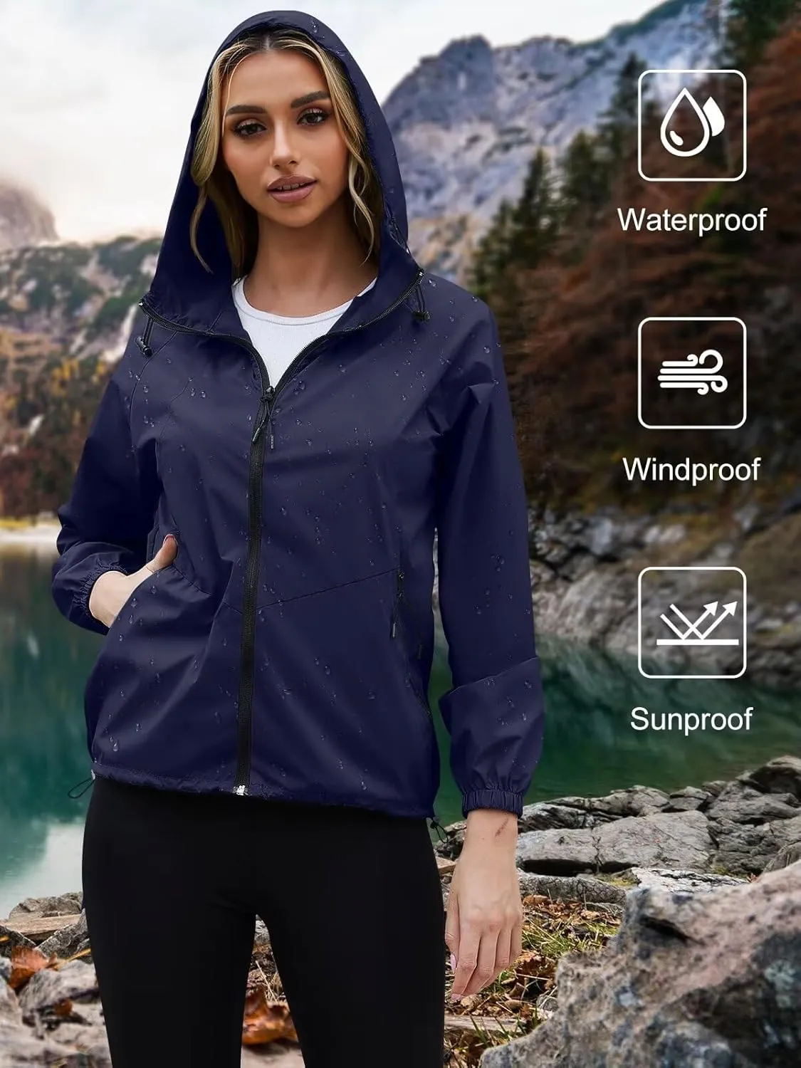 PITINAN Rain Jacket Women Waterproof Lightweight Rain Jacket With Hood Packable Raincoat with Pockets S-XXL